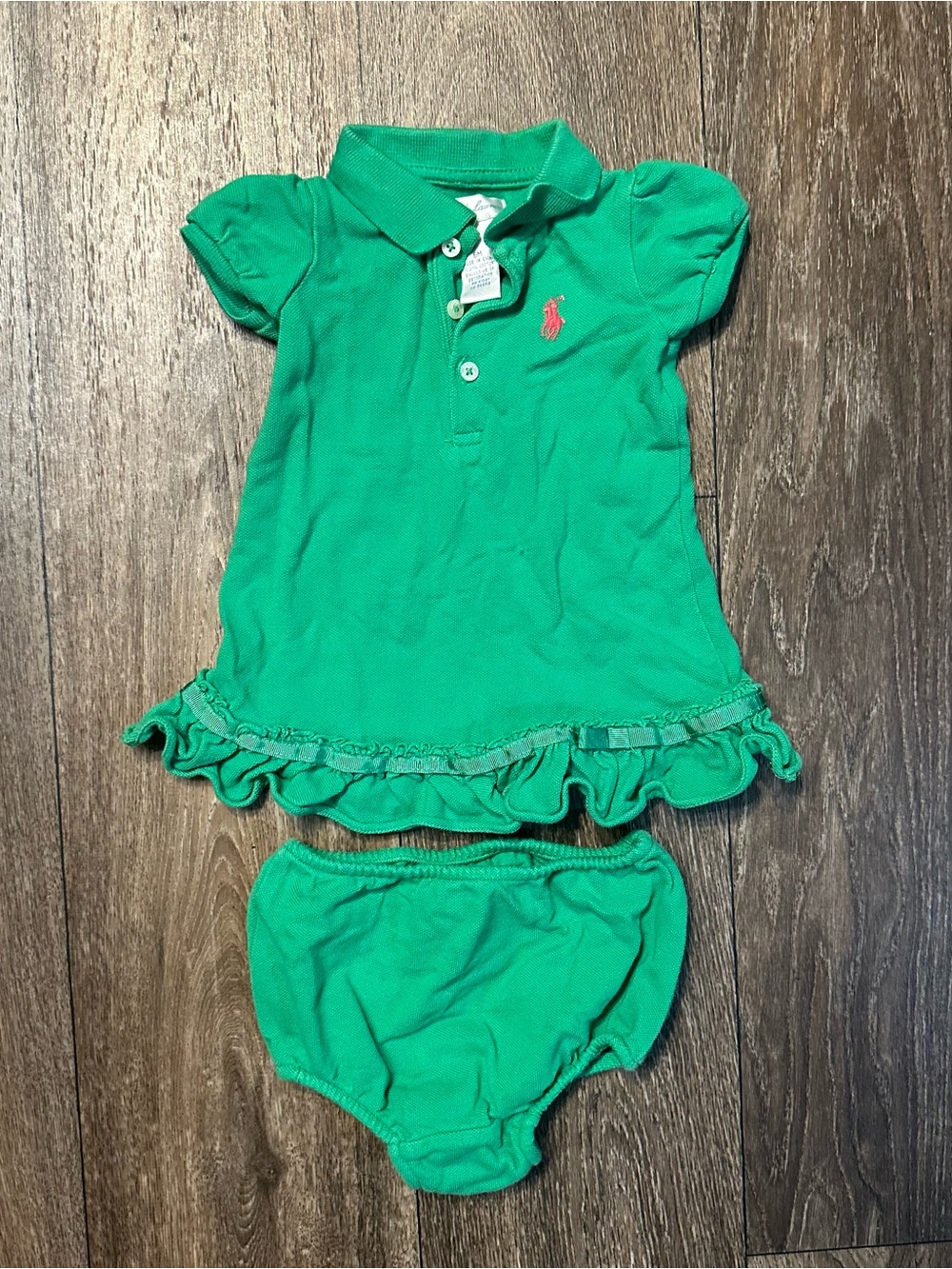 Ralph Lauren Layette Green Polo Dress/Bloomers Pink Pony Sz 6M 2000s Y2K